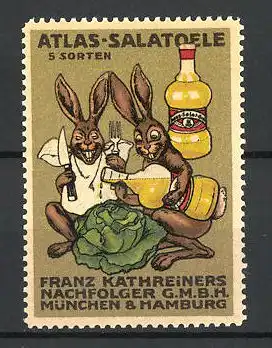 Reklamemarke Atlas-Salatoele, Franz Kathreiners Nachfolder München, Hasen würzen ihren Salat