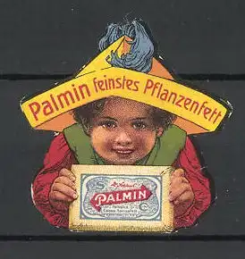 Reklamemarke Palmin ist feinstes Pflanzenfett, Knabe mit Palmin-Schachtel und gefaltetem Hut