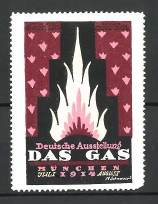 Künstler-Reklamemarke M. Schwarzer, München, Deutsche Ausstellung Das Gas 1914, lodernde Flamme