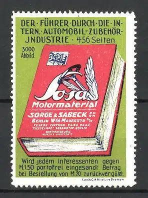 Reklamemarke Motormaterial von Sorge & Sabeck, Der Führer durch die Intern. Automobil-Industrie, Buch