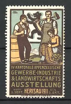 Künstler-Reklamemarke Paul Tanner, Herisau, IV. Kantonale Appenzellerische Gewerbeausstellung 1911, Schmied & Näherin