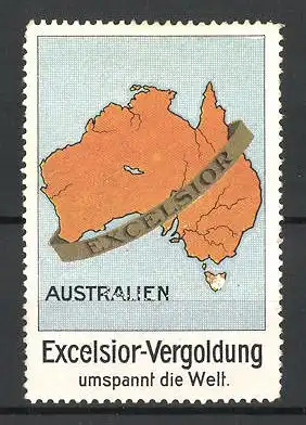 Reklamemarke Excelsior-Vergoldung umspannt die Welt, Australien-Landkarte mit vergoldetem Ring
