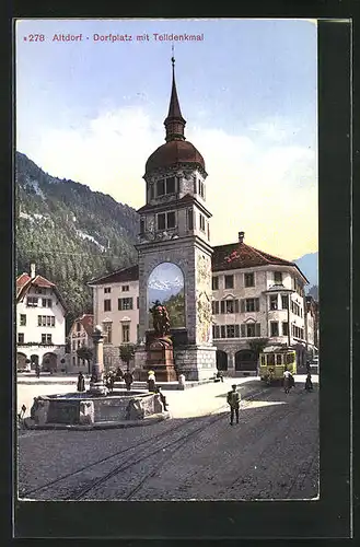 AK Altdorf, Dorfplatz mit Telldenkmal, Strassenbahn