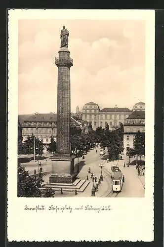 AK Darmstadt, Luisenplatz mit Ludwigsäule, Strassenbahn
