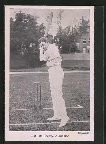 AK Cricket Spieler C. B. Fry (Captain) mit Schläger in der Hand