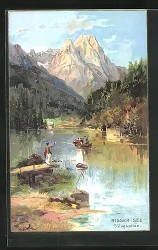Künstler-AK Karl Heinisch: Risser See mit Zugspitze