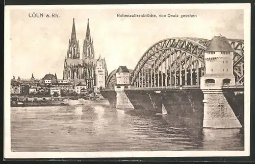 AK Köln a. Rhein, Hohenzollernbrücke und Dom von Deutz gesehen