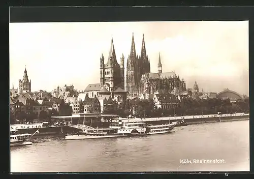 AK Köln a. Rhein, Rheinansicht mit Schiffen und Blick zum Dom