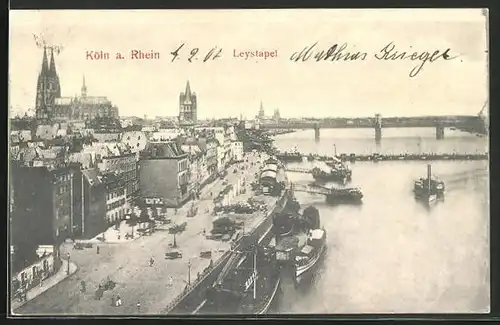 AK Köln a. Rhein, Blick auf die Uferanlagen und den Leystapel, der Dom im Hintergrund