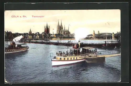 AK Köln a. Rhein, Stadttotale mit dem Dom, Schiffe auf dem Rhein