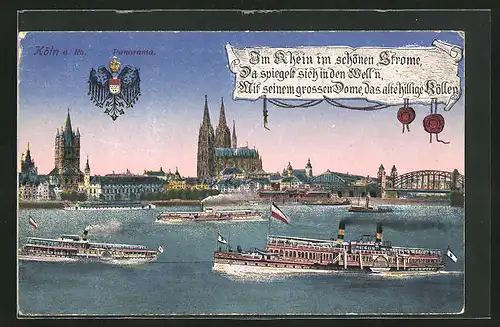 AK Köln a. Rhein, Panorama, Schiffe vor dem Dom, Wappenadler