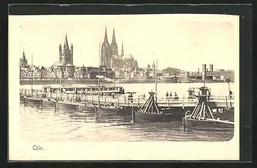 AK Köln a. Rhein, Partie an der Schiffbrücke, Blick zum Dom