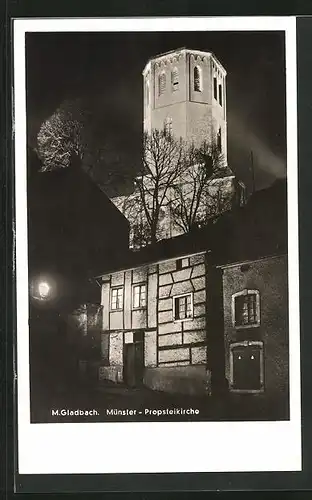 AK Mönchengladbach, Münster, die Probsteikirche bei Nacht