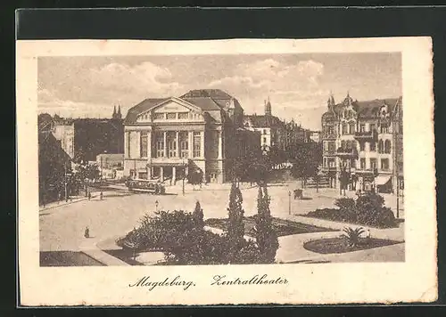 AK Magdeburg, Strassenbahn vor dem Stadttheater