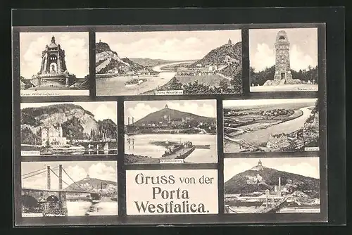 AK Porta Westfalica i. W., Generalansicht, die Bismarcksäule, Kaiser-Wilhelm-Denkmal, Wittekindsberg, Weserbrücke