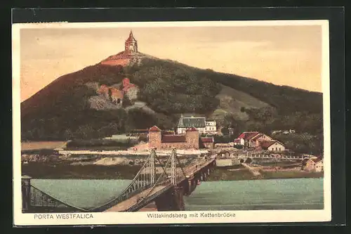 AK Porta Westfalica i. W., die Kettenbrücke und das Kaiser Wilhelm-Denkmal auf dem Wittekindsberg