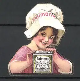 Reklamemarke Palmona feinste Pflanzen-Butter-Margarine, grinsendes Mädchen mit Kochmütze und Schachtel