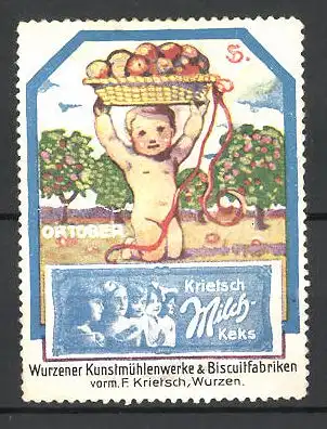 Künstler-Reklamemarke Sigmund von Suchodolski, Monat Oktober, nackter Bube mit Obst im Korb, Krietsch Milch-Keks