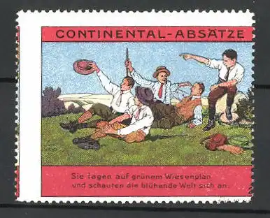 Reklamemarke Continental-Absätze, Burschen liegen auf dem grünen Wiesenplan