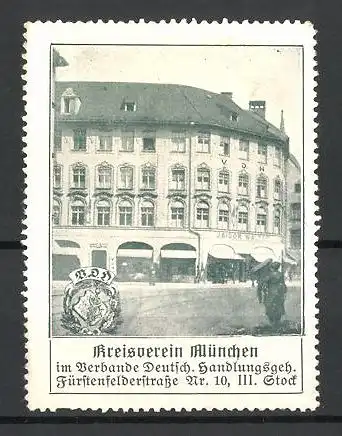 Reklamemarke Kreisverein München im Verbande Deutsch. Handlungsgeh., Haus V.D.H., Fürstenfelderstr. 10