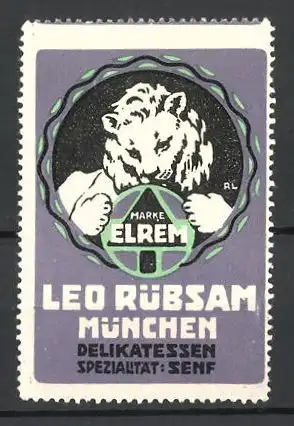 Künstler-Reklamemarke Elrem Delikatessen-Senf, Leo Rübsam, München, Löwe