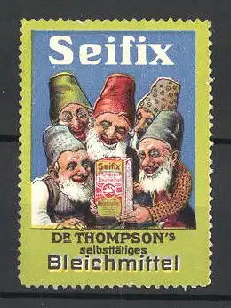 Reklamemarke Seifix ist Dr. Thompson's selbsttätiges Bleichmittel, Zwerge erfreuen sich über eine Schachtel