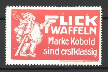 Reklamemarke Flick Waffeln der Marke Kobold sind erstklassig, betagter Kobold mit Pfeife