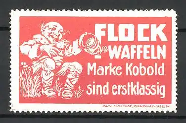 Reklamemarke Flick Waffeln der Marke Kobold sind erstklassig, Kobold lacht herzlich und winkt mit Zipfelmütze