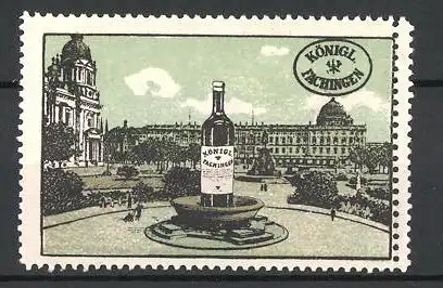 Reklamemarke Königl. Fachingen Mineralwasser, Stadtplatz mit Flasche im Brunnen