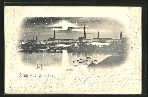 AK Hamburg, Alster mit Stadtansicht in der Nacht