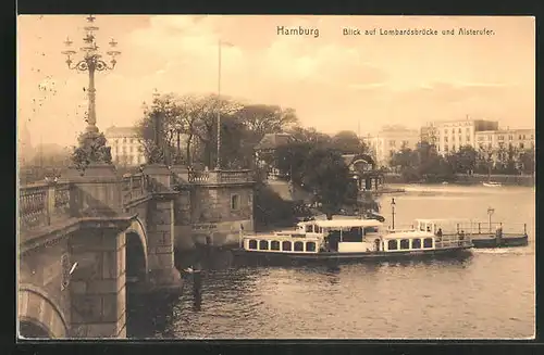 AK Hamburg, Blick auf Lombardsbrücke mit Alsterufer, Dampfer