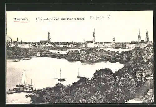 AK Hamburg, Lombardsbrücke mit Binnenalster und Stadtansicht