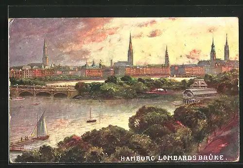 AK Hamburg, Lombardsbrücke mit Stadtansicht