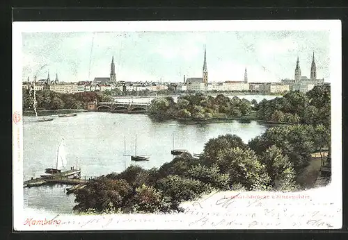 AK Hamburg, Lombardsbrücke mit Binnenalster und Stadtansicht