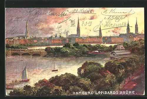 AK Hamburg, Lomabrdsbrücke mit Stadtansicht