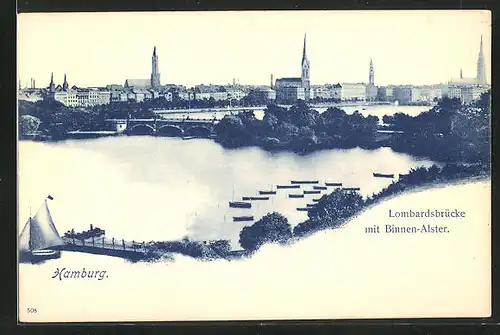 AK Hamburg, Lomabrdsbrücke mit Binnenalster und Stadtansicht