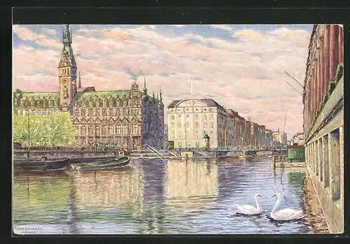 AK Hamburg, Rathaus mit Reichsbank und kleiner Alster