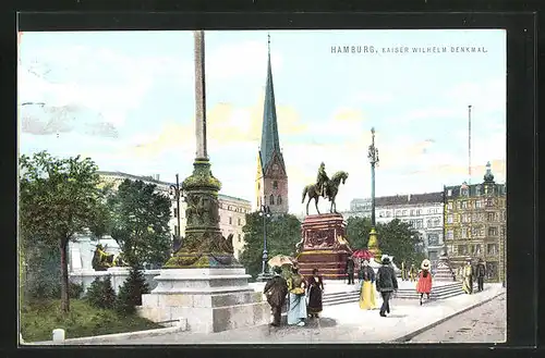 AK Hamburg, Kaiser Wilhelm-Denkmal mit Passanten