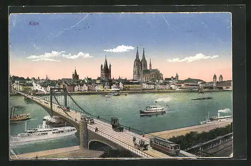 AK Köln, Rheinbrücke mit Stadtansicht