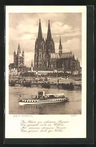 AK Köln a. Rh., Ausflugsdampfer mit Domblick