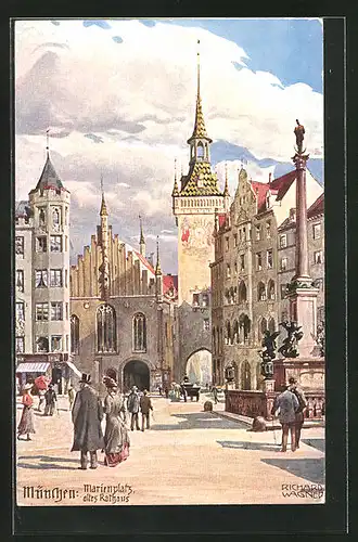 Künstler-AK Richard Wagner: München, Marienplatz und altes Rathaus mit Denkmal