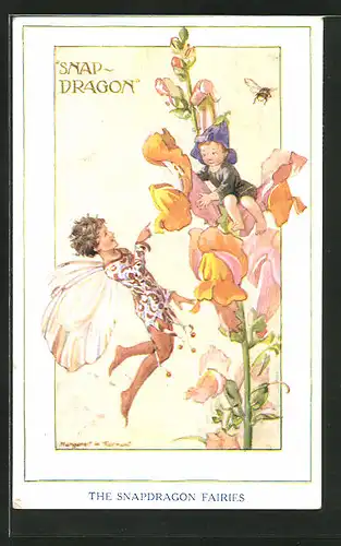 Künstler-AK Margaret W. Tarrant: The Snapdragon Fairies, Elfe & Kindlein auf einer Blume