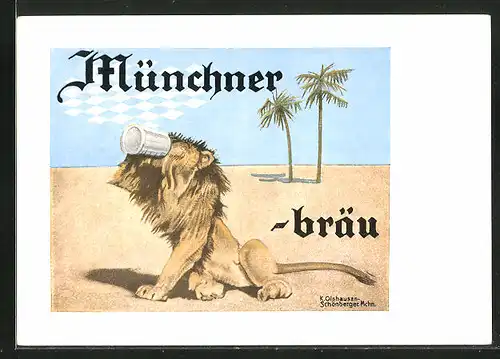 Künstler-AK München, Münchnerbräu, Löwe mit Bierkrug, Brauerei-Werbung