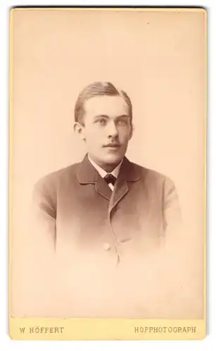 Fotografie W. Höffert, Hannover, Georgstrasse 9, Portrait junger Mann im Anzug mit Fliege und Seitenscheitel