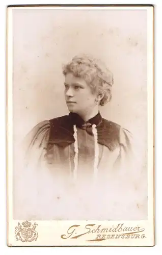 Fotografie G. Schmidbauer, Regensburg, Marschallstrasse 51, Portrait Dame im Kleid mit Brosche und Locken