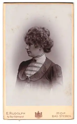 Fotografie E. Rudolph, Hof i. B., Portrait Dame im Biedermeierkleid mit Locken, Brosche