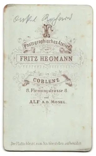 Fotografie Fritz Hegmann, Coblenz, Firmungstrasse 8, Portrait Herr Richard im Anzug mit Locken und Moustache