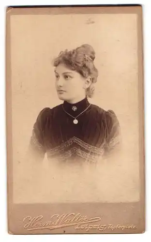 Fotografie Herm. Walter, Leipzig, Töpferplatz, Portrait junge Frau im bestickten Kleid mit Hochsteckfrisur