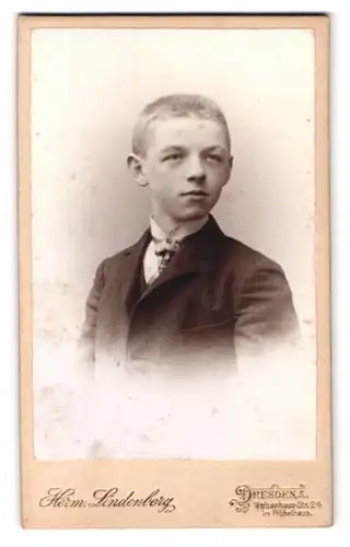 Fotografie Herm. Lindenberg, Dresden, Waisenhaustr. 24, Portrait junger Knabe im Nadelstreifenanzug mit Krawatte