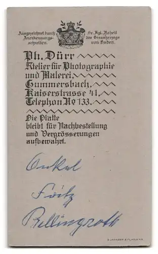 Fotografie Th. Dürr, Gummersbach, Kaiserstrasse 41, Portrait Fritz Bellingroth im Anzug mit Segelohren